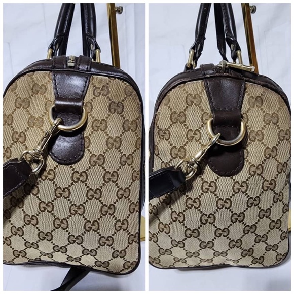 Authentic Gucci GG Canvas Leather Medium Vintage Web Boston Satchel Bag Brown/Be - Picture 10 of 16